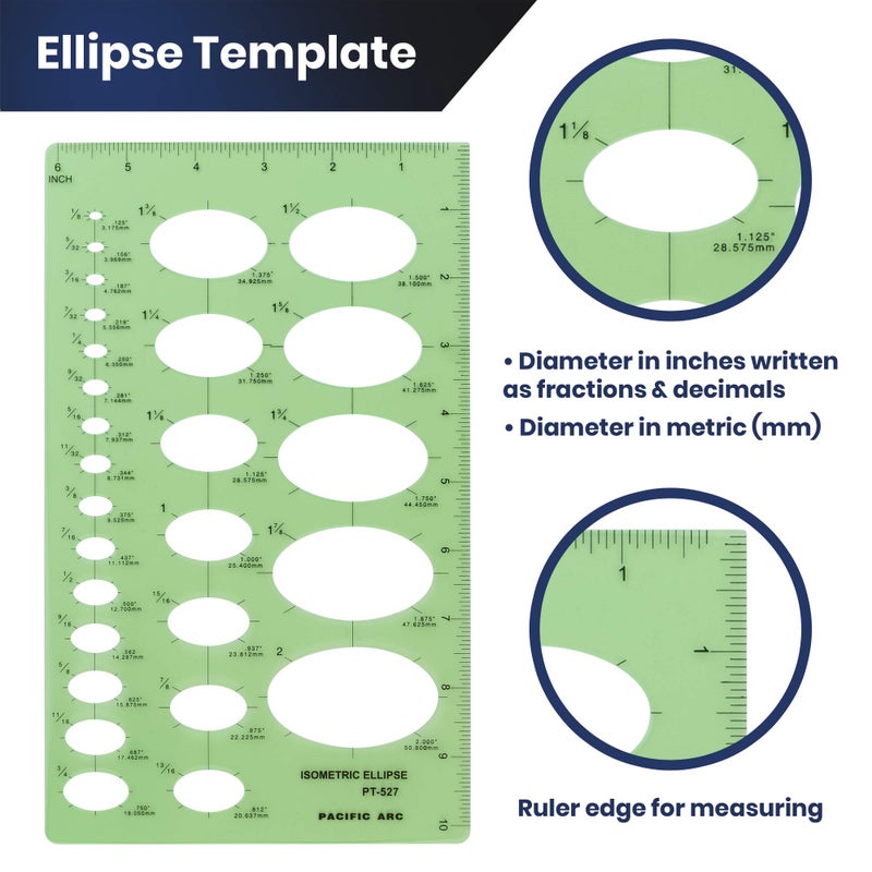 Pacific Arc Isometric Ellipse Guide Template, 27 Total Ellipse from 1/8 Inch to 2 Inch with Inch Graduations - Image 3